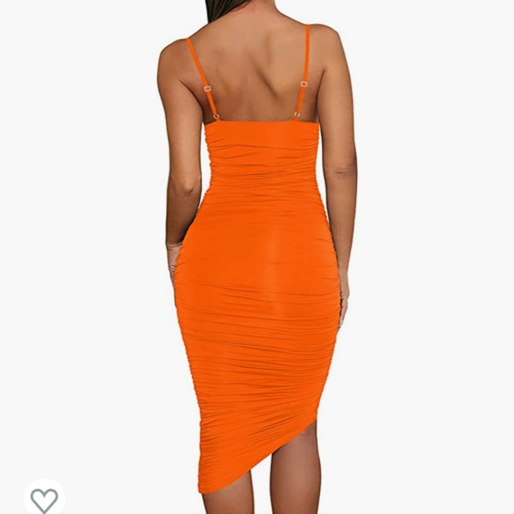 Slinky orange knee length mid  ruched dress